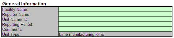 Begin by entering the facility name, your name, the reporting period, and any additional comments in the green input cells of the General Information table located immediately below the equation in the spreadsheet. This is for your records.